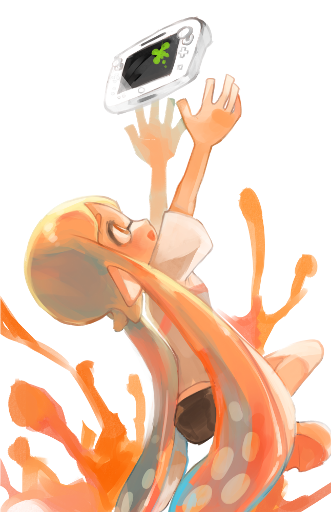 1girl arms_up bangs black_shorts colored_tongue from_side game_console ink inkling long_hair looking_up open_mouth orange_eyes orange_hair orange_tongue reaching shirt short_shorts short_sleeves shorts simple_background smile splatoon_(series) tawara8853 tentacle_hair very_long_hair white_background white_shirt wii_u