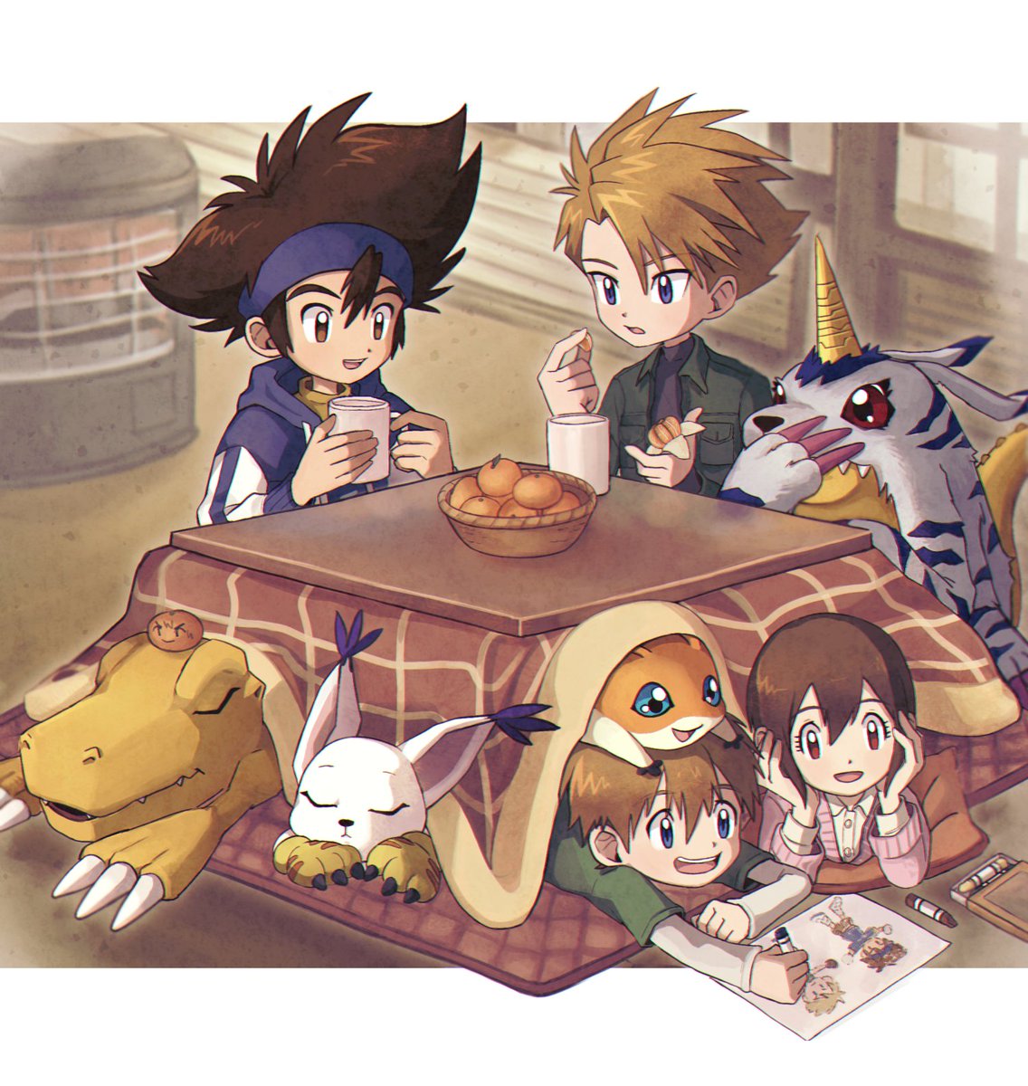 1girl 3boys agumon animal_ears blue_eyes brown_hair cat_ears child chinese_commentary claws crayon cup digimon digimon_(creature) digimon_adventure drawing eating food fruit gabumon highres horns ishida_yamato kitsune multiple_boys open_mouth orange_(fruit) patamon pu_lyong red_eyes rug single_horn sleeping tailmon takaishi_takeru teeth yagami_hikari yagami_taichi