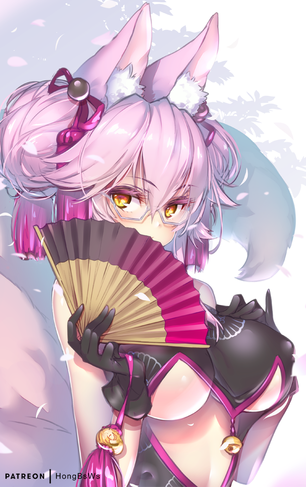 animal_ear_fluff animal_ears bangs bare_shoulders black_dress black_gloves blush breasts brown_eyes closed_mouth commentary_request double_bun dress erect_nipples eyebrows_visible_through_hair fan fate/grand_order fate_(series) folding_fan fox_ears fox_girl fox_tail glasses gloves hair_between_eyes hair_ornament hand_on_own_chest hands_up holding holding_fan hong_(white_spider) koyanskaya large_breasts looking_at_viewer petals pink_hair semi-rimless_eyewear side_bun sleeveless sleeveless_dress smile solo tail tail_raised tamamo_(assassin)_(fate) tamamo_(fate)_(all) under-rim_eyewear upper_body white_background