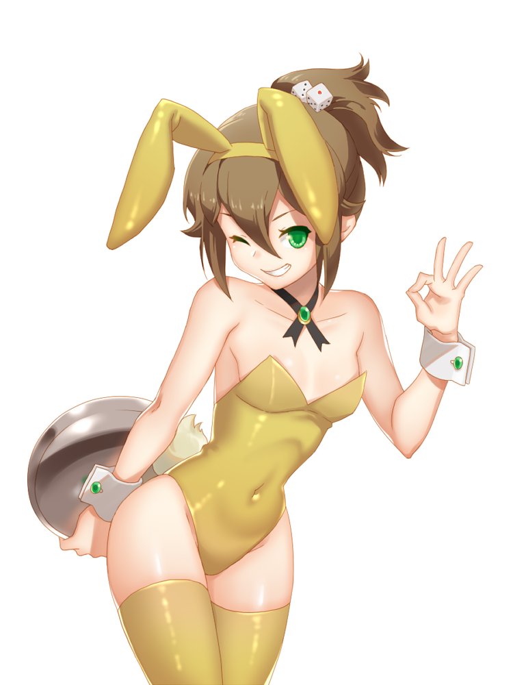 1girl animal_ears brown_hair bunny_ears bunny_girl bunny_tail bunnysuit detached_collar esaka fake_animal_ears green_eyes jewelry leotard long_hair necklace octopath_traveler one_eye_closed short_hair simple_background smile strapless strapless_leotard tail tressa_(octopath_traveler) wrist_cuffs
