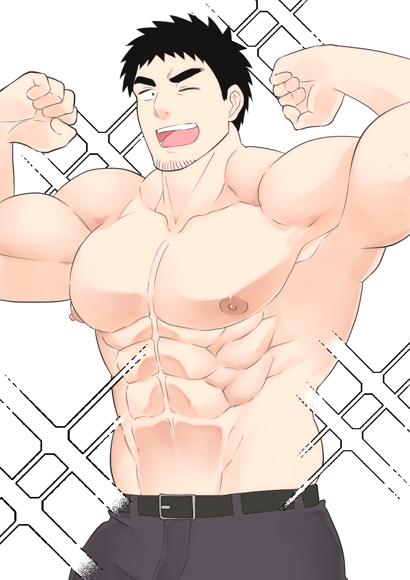 1boy ;d abs bara biceps facial_hair flexing goatee large_pectorals male_focus muscular muscular_male nipples one_eye_closed pectorals pose senpai_ga_uzai_kouhai_no_hanashi smile solo sparkle takeda_harumi_(shiromanta) thick_eyebrows topless_male ushio_takigawa