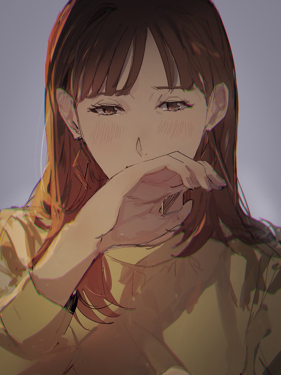 1girl biiko_(king1015g) brown_eyes brown_hair character_request chromatic_aberration commentary_request copyright_request covering_mouth grey_background hand_up highres light_blush long_hair long_sleeves looking_down shirt solo upper_body yellow_shirt