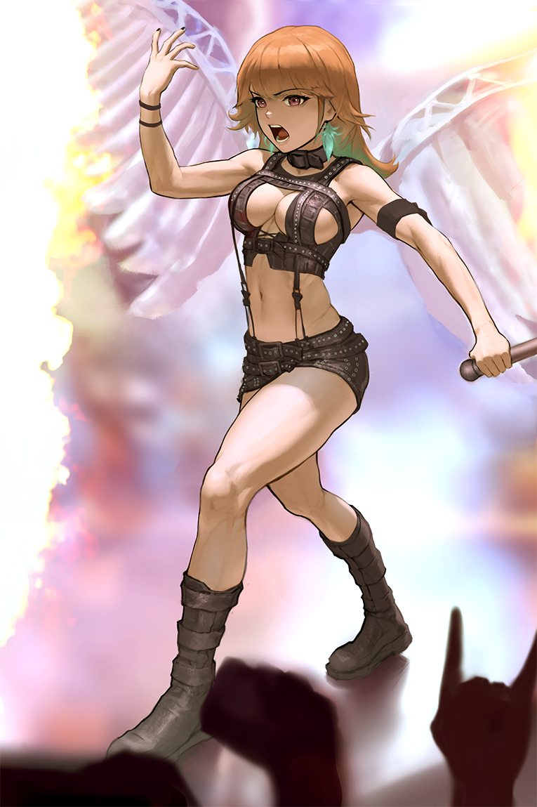 1girl \m/ armband black_footwear black_nails boots breasts cleavage cleavage_cutout clothing_cutout collar commentary crop_top earrings english_commentary fire gradient_hair green_hair hololive hololive_english infi jewelry medium_breasts microphone midriff miniskirt multicolored_hair navel open_mouth orange_hair rammstein_(band) red_eyes skirt solo_focus suspenders takanashi_kiara virtual_youtuber wings