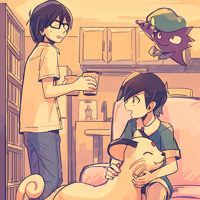 2boys bangs black_hair bookshelf buttons camper_(pokemon) commentary_request couch cupboard faucet glasses green_shirt green_shorts hatted_pokemon haunter holding indoors itome_(funori1) male_focus multiple_boys open_mouth pants persian pokemon pokemon_(creature) pokemon_(game) pokemon_gsc shirt short_hair short_sleeves shorts sitting smile standing super_nerd_(pokemon) sweatdrop