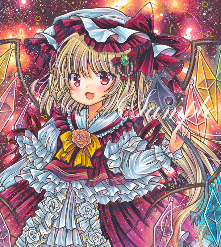 1girl :d blonde_hair bow bowtie cowboy_shot crystal eyebrows_visible_through_hair fang flandre_scarlet flower frilled_hat frilled_shirt_collar frills hat holding holding_wand juliet_sleeves laevatein_(touhou) long_hair long_sleeves looking_at_viewer marker_(medium) mob_cap open_mouth orange_flower orange_rose puffy_sleeves rainbow_order red_background red_eyes red_skirt red_theme red_vest rose rui_(sugar3) sample shirt sidelocks skin_fang skirt skirt_set smile solo too_many too_many_frills touhou traditional_media very_long_hair vest wand white_headwear white_shirt wings yellow_bow yellow_bowtie