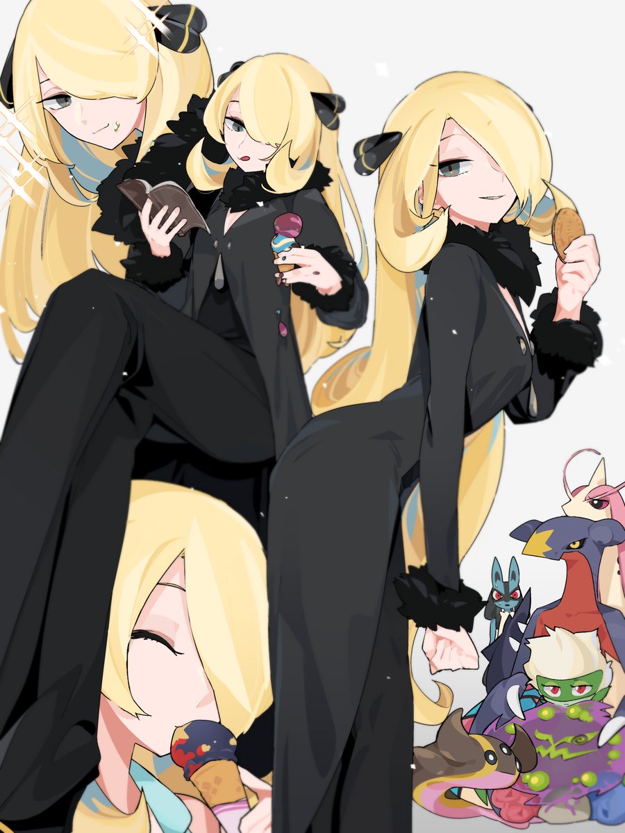 1girl bangs black_coat black_eyes black_pants black_shirt blonde_hair book breasts closed_eyes closed_mouth coat commentary crossed_legs cynthia_(pokemon) eating feet_out_of_frame food food_on_face fur_trim garchomp gastrodon gastrodon_(west) grey_background hair_between_eyes hair_ornament hair_over_one_eye happy highres holding holding_book holding_food ice_cream ice_cream_cone invisible_chair kuroi_moyamoya leaning_forward licking_lips long_hair long_sleeves looking_at_viewer lucario medium_breasts milotic multiple_views open_book pants parted_lips pokemon pokemon_(anime) pokemon_(creature) pokemon_bw_(anime) pokemon_dppt_(anime) reading roserade shirt simple_background sitting smile sparkle spiritomb standing swept_bangs tongue tongue_out