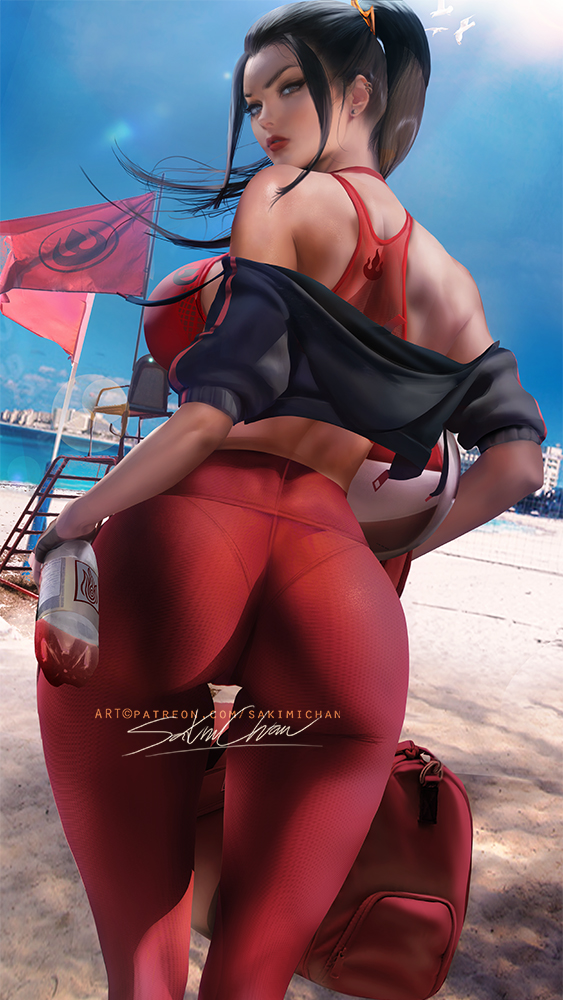 1girl ass avatar:_the_last_airbender avatar_(series) azula bag banned_artist bare_shoulders beach black_hair black_legwear bottle bra breasts duffel_bag ear_piercing earrings from_behind hood hoodie jewelry large_breasts leggings lifeguard_chair lips looking_at_viewer looking_back piercing ponytail red_bra red_lips sakimichan skindentation sports_bra sportswear thick_lips thick_thighs thigh_gap thighs turning_head underwear volleyball water_bottle watermark web_address
