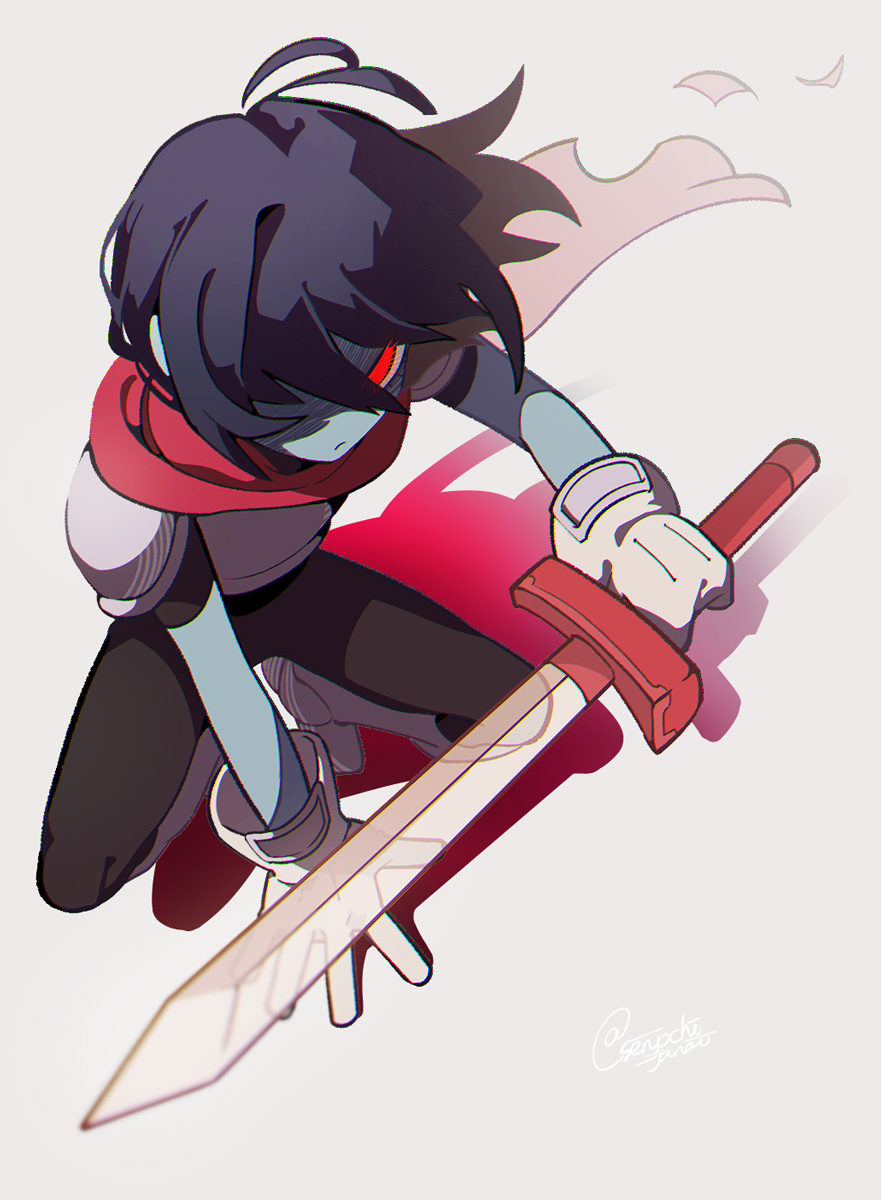 1other antenna_hair armor bangs black_bodysuit black_hair blue_skin bodysuit boots closed_mouth colored_skin deltarune gloves grey_background hair_between_eyes hair_over_one_eye highres holding holding_sword holding_weapon kris_(deltarune) looking_at_viewer red_eyes red_scarf scarf senjochi_janai shaded_face shadow short_hair simple_background solo squatting sword torn_scarf twitter_username weapon white_gloves