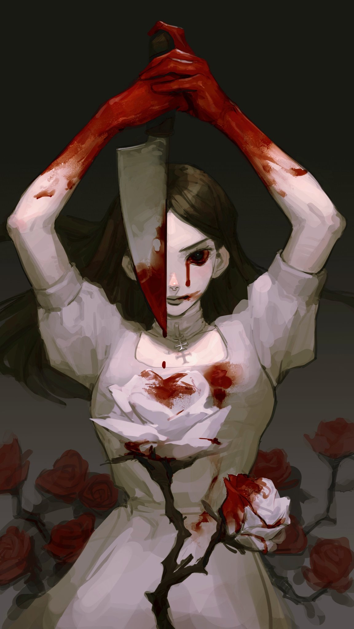 1girl 6_teh alice_in_wonderland alice_liddell american_mcgee's_alice arms_up black_eyes blood blood_from_eyes blood_on_clothes blood_on_hands blood_on_knife blood_on_weapon bloodshot_eyes brown_hair check_copyright closed_mouth colored_sclera copyright_request crying crying_with_eyes_open dress dripping flower gradient gradient_background grey_lips highres holding holding_knife holding_weapon knife long_hair pale_skin puffy_sleeves red_flower red_rose red_sclera rose smeared_blood smile solo tears thorns weapon white_dress white_flower white_rose