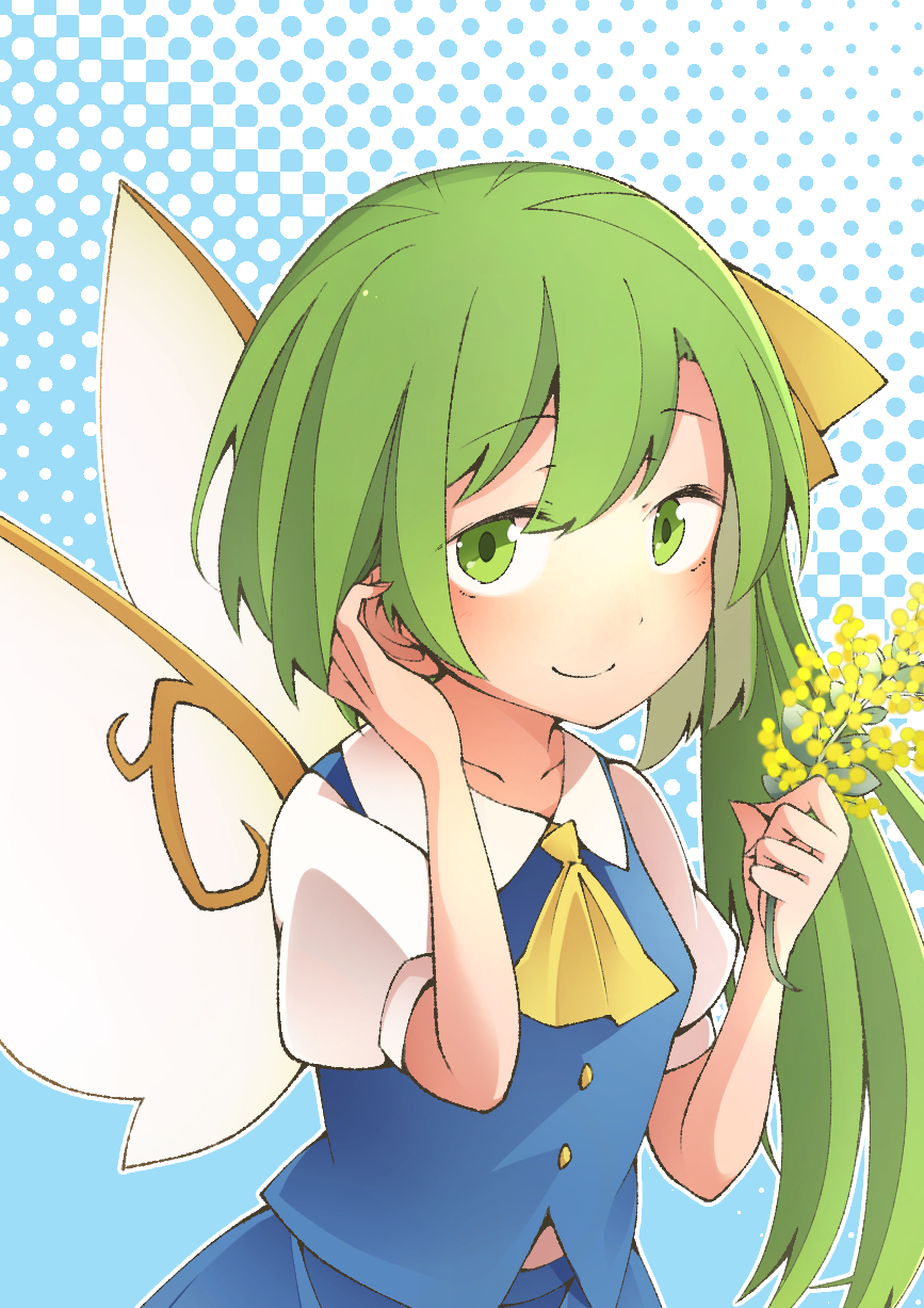 1girl ascot bangs blue_skirt blue_vest breasts buttons collared_shirt daiyousei eyebrows_visible_through_hair fairy_wings flower green_eyes green_hair hair_ribbon highres holding holding_flower jagabutter long_hair midriff_peek puffy_short_sleeves puffy_sleeves ribbon shirt short_sleeves side_ponytail skirt small_breasts smile touhou vest white_shirt wings yellow_ascot yellow_ribbon