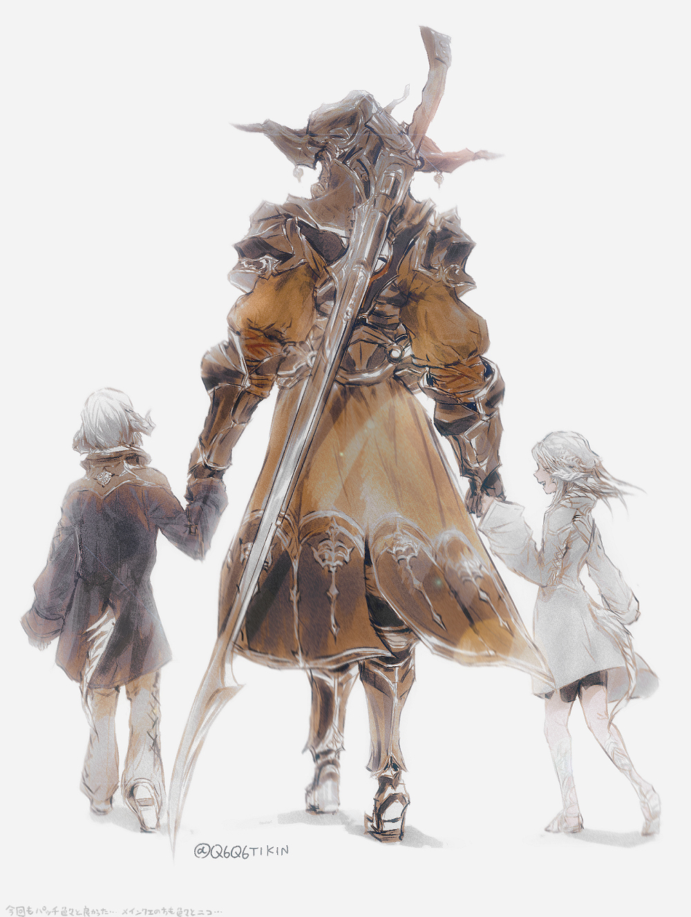 1girl 2boys alfonse_(ffxiv) allie_(ffxiv) armor au_ra black_shorts blue_coat boots child coat dragon_horns dragon_tail facing_away final_fantasy final_fantasy_xiv from_behind from_side full_body gaius_van_baelsar garlean gauntlets greaves grey_background gunblade helmet highres holding_hands horns long_sleeves male_focus multiple_boys open_mouth pants pauldrons q6q6tikin scales shadow shoes short_hair shorts shoulder_armor silver_hair smile spoilers tail twitter_username walking weapon weapon_on_back white_coat white_pants younger