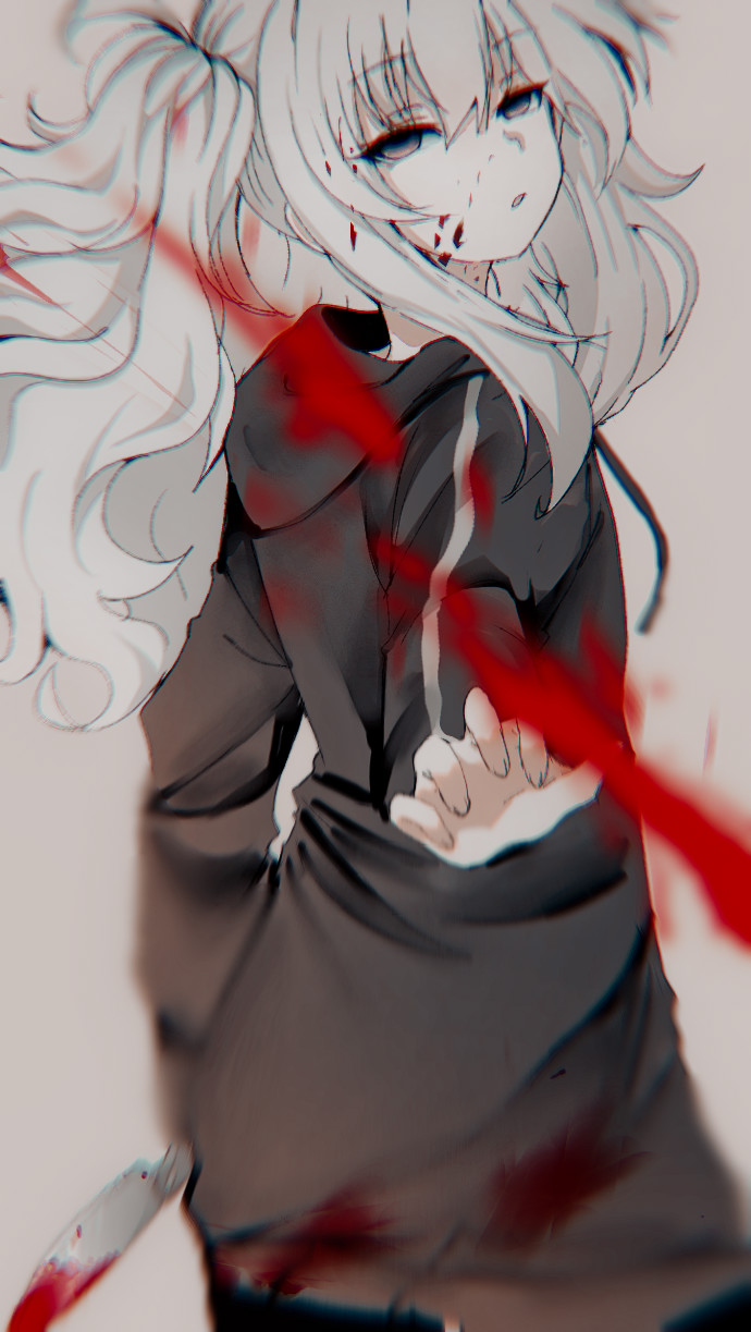 1girl artist_request black_sweater_vest blood blood_on_face creepypasta highres knight original pink_eyes sasseo_kim_(kyone_burst) short_twintails simple_background solo source_request sweater_vest twintails white_hair