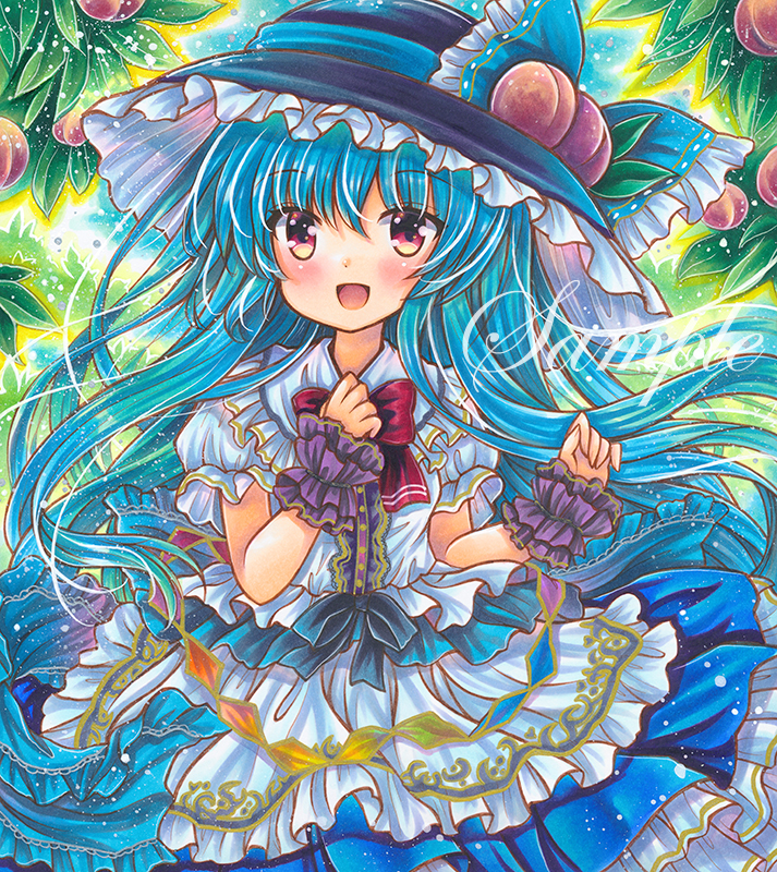 1girl :d apron back_bow black_headwear blue_bow blue_hair blue_ribbon blue_skirt bow bowtie breasts collared_shirt cowboy_shot eyebrows_visible_through_hair food frilled_hat frilled_shirt frilled_shirt_collar frilled_skirt frills fruit green_background hand_on_own_chest hat hat_bow hat_ribbon hinanawi_tenshi leaf long_hair looking_at_viewer marker_(medium) open_mouth peach puffy_short_sleeves puffy_sleeves rainbow_order red_bow red_bowtie red_eyes ribbon rui_(sugar3) sample shirt short_sleeves skirt small_breasts smile solo touhou traditional_media very_long_hair waist_apron white_apron white_shirt wrist_cuffs