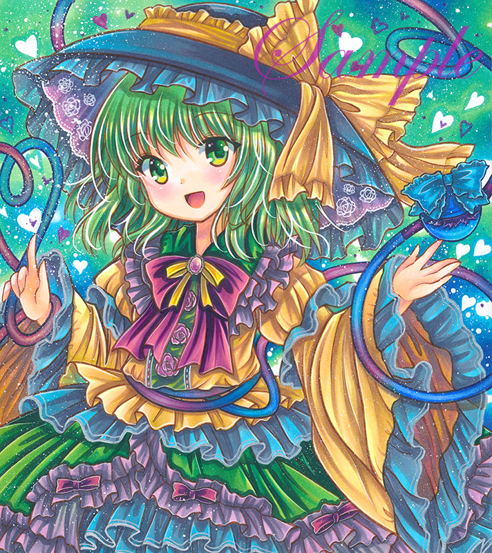 1girl :d black_headwear blouse bow bowtie brooch cowboy_shot eyebrows_visible_through_hair flower_ornament frilled_hat frilled_shirt_collar frilled_skirt frills green_background green_eyes green_hair green_skirt hat hat_ribbon heart heart_of_string index_finger_raised jewelry komeiji_koishi long_sleeves looking_at_viewer marker_(medium) medium_hair open_mouth purple_bow purple_bowtie purple_brooch ribbon rui_(sugar3) sample skirt smile solo third_eye touhou traditional_media wide_sleeves yellow_blouse yellow_ribbon