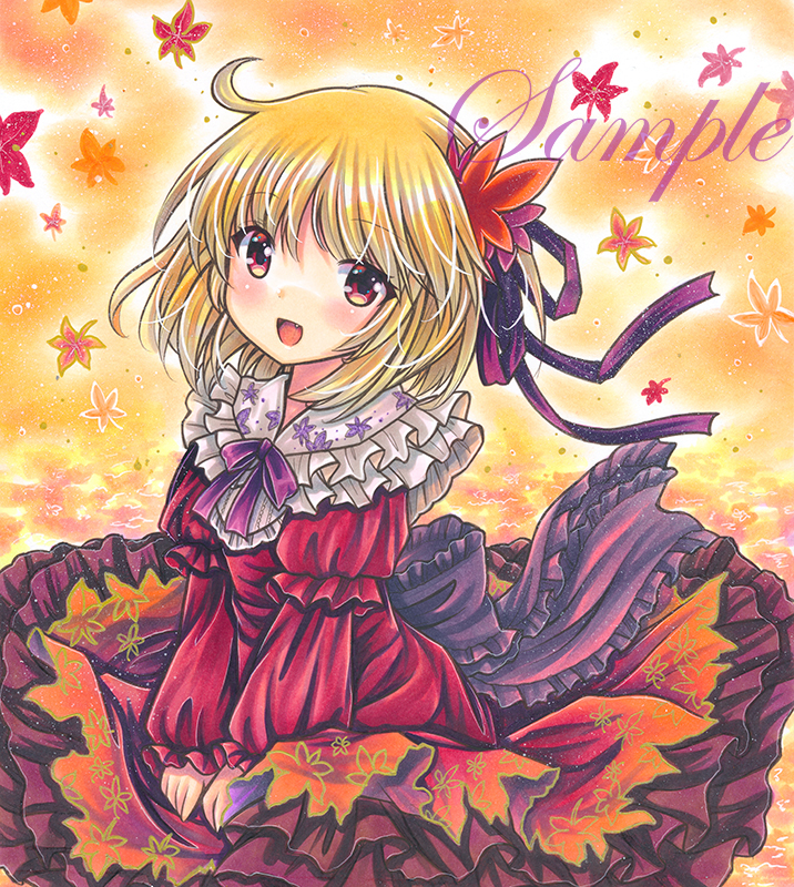 1girl :d aki_shizuha autumn_leaves blonde_hair cowlick eyebrows_visible_through_hair falling_leaves fang frilled_shirt_collar frilled_skirt frills hair_ornament hair_ribbon juliet_sleeves leaf leaf_hair_ornament leaf_print long_sleeves looking_at_viewer marker_(medium) medium_hair open_mouth orange_skirt puffy_sleeves purple_ribbon red_eyes red_ribbon red_shirt ribbon rui_(sugar3) sample shirt skirt smile solo touhou traditional_media yellow_background yellow_theme