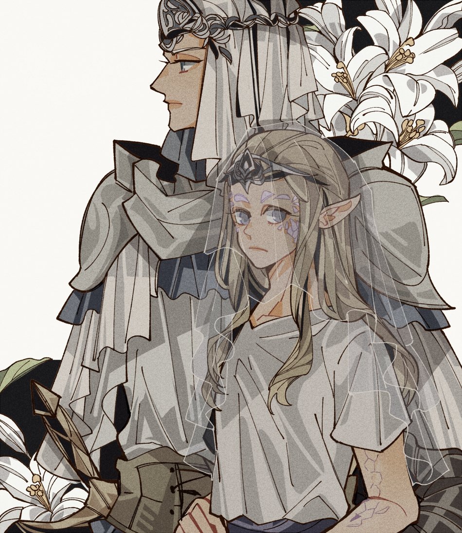 2girls armor blonde_hair blue_eyes company_captain_yorshka dark_souls_(series) dark_souls_iii drenched-in-sunlight flower height_difference long_hair looking_to_the_side multiple_girls pointy_ears short_sleeves shoulder_armor shoulder_pads sirris_of_the_sunless_realms veil white_flower