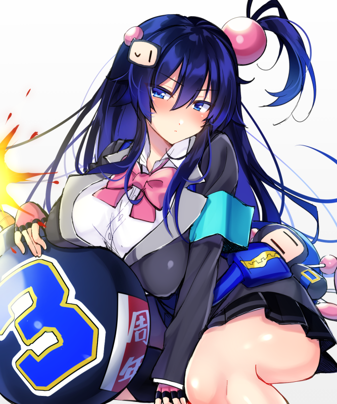 1girl bangs black_bomberman black_skirt blue_eyes bomb bombergirl bomberman bow bowtie breasts buttons closed_mouth collared_shirt dark_blue_hair dress_shirt eyebrows_visible_through_hair fingerless_gloves gloves grey_jacket hair_between_eyes hair_bobbles hair_ornament jacket kuro_(bombergirl) large_breasts long_hair long_sleeves miniskirt nnmi11 one_side_up pink_bow pink_bowtie pink_gloves pink_neckwear pleated_skirt shirt simple_background skirt solo white_background white_shirt