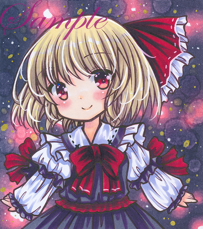 1girl black_skirt black_vest blonde_hair blush bow bowtie closed_mouth cowboy_shot dark_background eyebrows_visible_through_hair frilled_shirt_collar frills head_tilt juliet_sleeves long_sleeves looking_at_viewer marker_(medium) puffy_sleeves red_bow red_bowtie red_eyes rui_(sugar3) rumia sample shirt skirt skirt_set smile solo touhou traditional_media vest white_shirt