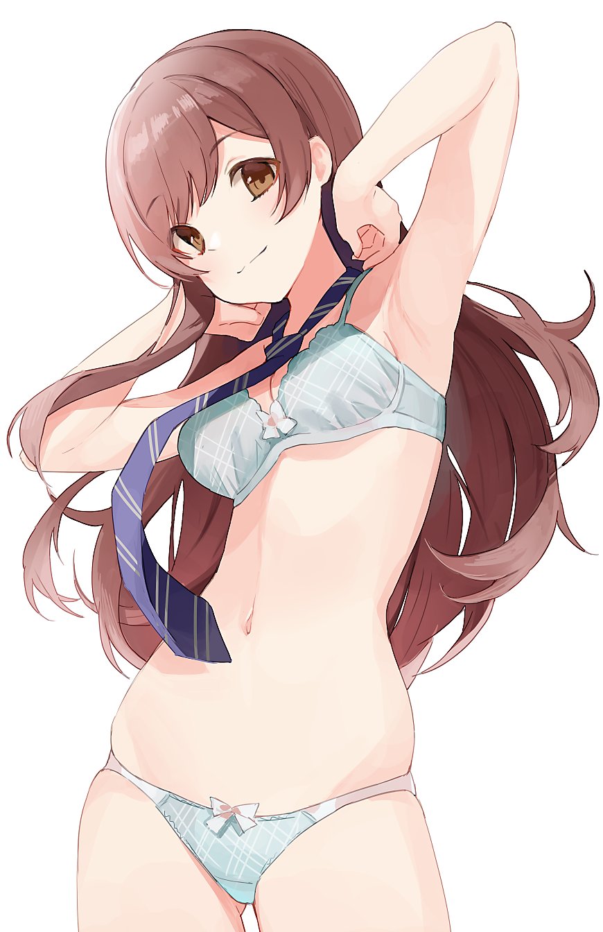 1girl aqua_bra aqua_panties armpits ass_visible_through_thighs bangs bra breasts brown_eyes brown_hair closed_mouth commentary cowboy_shot eyebrows_visible_through_hair highres hiroki_(yyqw7151) idolmaster idolmaster_shiny_colors light_smile long_hair looking_at_viewer medium_breasts navel necktie oosaki_amana panties simple_background skindentation solo swept_bangs underwear underwear_only white_background
