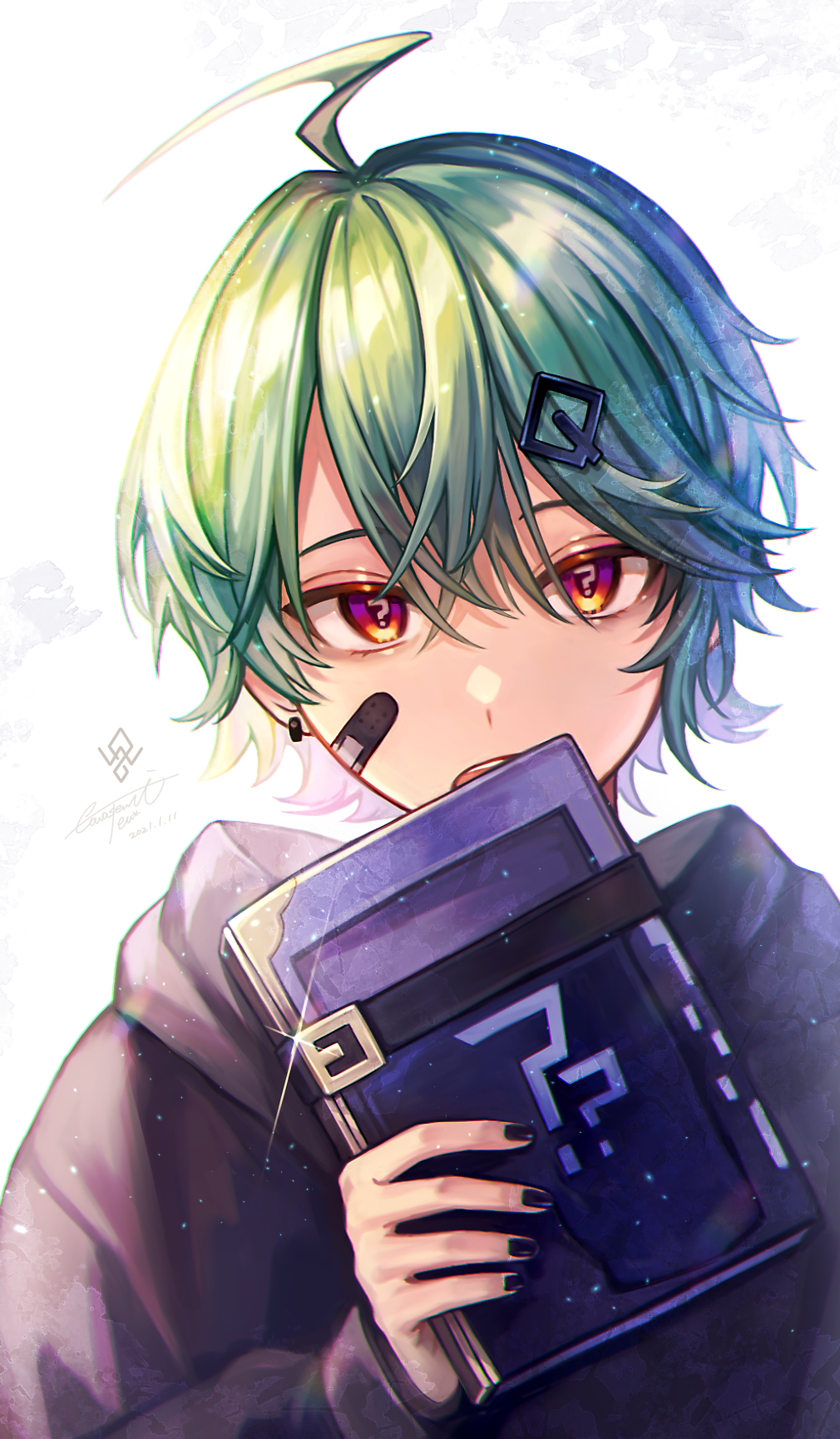 1boy ? ahoge bandaid bandaid_on_cheek bangs black_nails book book_strap earrings flipped_hair glint hair_ornament hairclip highres holding holding_book jewelry long_sleeves looking_at_viewer male_focus nixtutyannh open_mouth orange_eyes original short_hair simple_background solo symbol-shaped_pupils upper_body white_background yellow_eyes