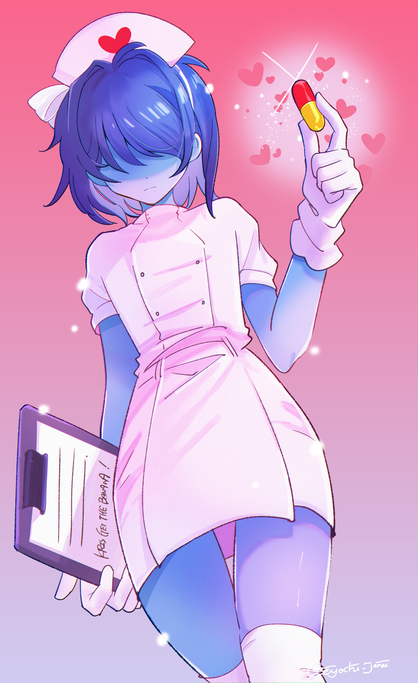 1other bangs blue_hair blue_skin clipboard closed_mouth colored_skin commentary_request deltarune dress gloves hair_over_eyes hat heart highres holding holding_clipboard kris_(deltarune) nurse nurse_cap pill senjochi_janai shaded_face short_hair short_sleeves simple_background sparkle thighhighs white_dress white_gloves white_headwear white_legwear
