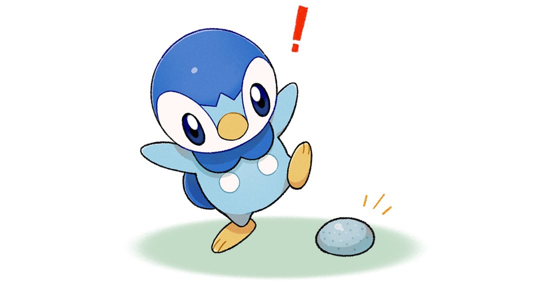 ! blue_eyes closed_mouth commentary_request everstone full_body leg_up looking_down no_humans notice_lines official_art piplup pokemon pokemon_(creature) project_pochama solo standing standing_on_one_leg stone toes white_background