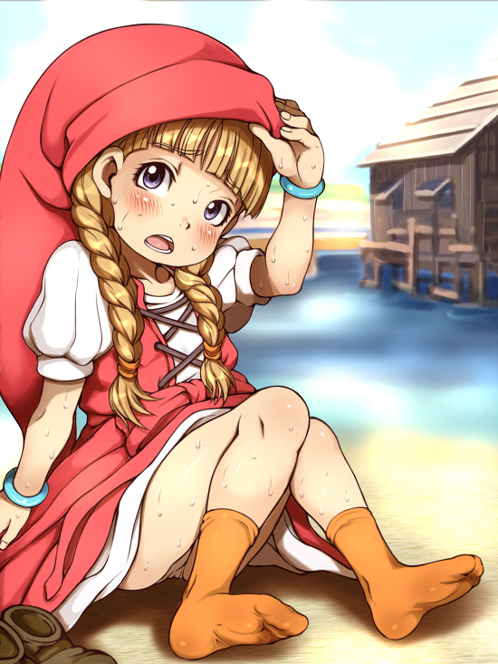 1girl blonde_hair blue_eyes bracelet braid dragon_quest dragon_quest_xi dress e10 earrings hair_over_shoulder hat jewelry long_hair looking_at_viewer open_mouth panties red_headwear socks solo twin_braids underwear veronica_(dq11)