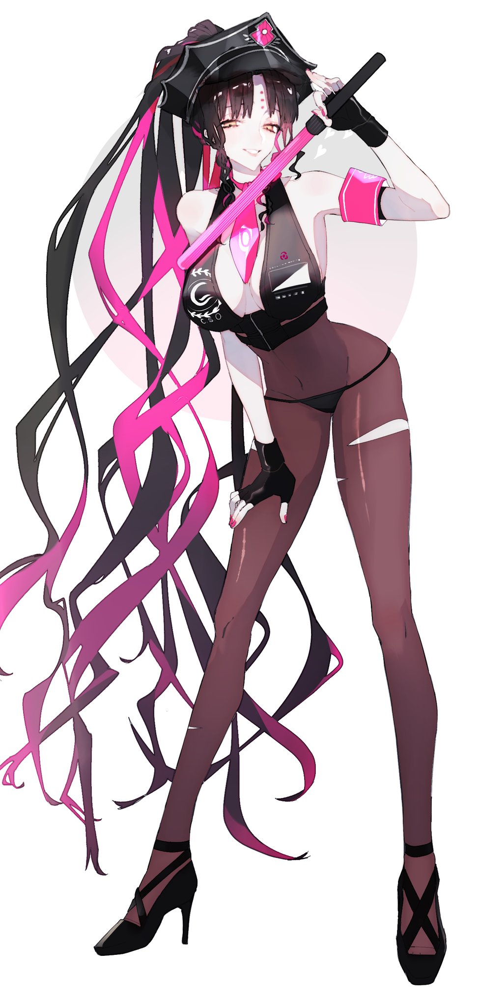 1girl :d armband ass_visible_through_thighs bangs bare_shoulders bikini black_bikini black_bodysuit black_footwear black_gloves black_hair black_legwear bodystocking bodysuit breasts check_commentary cleavage colored_skin commentary commentary_request covered_navel facial_mark fate/grand_order fate_(series) fingerless_gloves forehead_mark forehead_tattoo full_body gloves halter_top halterneck hand_on_thigh hand_up hat high_heels highres holding large_breasts leaning_forward long_hair looking_at_viewer mudra multicolored_hair nail_polish necktie parted_bangs peaked_cap pink_hair pink_nails pink_necktie pith_u police_hat ponytail sesshouin_kiara sesshouin_kiara_(swimsuit_mooncancer)_(fate) sidelocks simple_background smile solo streaked_hair swimsuit torn_bodysuit torn_clothes traffic_baton very_long_hair vitarka_mudra white_background white_skin yellow_eyes