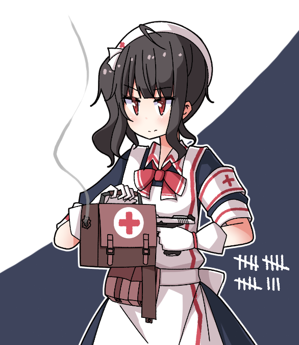 1girl ac130 ahoge armband bag black_hair bullet_hole commentary_request girls'_frontline gloves gsh-18 gsh-18_(girls'_frontline) gun handgun hat holding holding_bag holding_gun holding_weapon nurse nurse_cap one_side_up red_eyes short_sleeves smoke solo tally upper_body weapon white_gloves