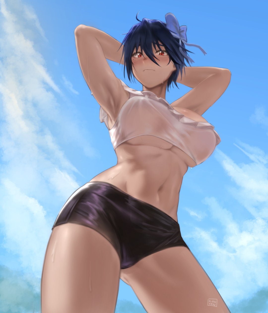 1girl ass_visible_through_thighs backlighting blue_hair blush bow breasts cloud cloudy_sky commentary commission crop_top from_below hair_bow hair_ornament hair_ribbon hand_on_own_head highres huge_breasts hunyan midriff navel nisekoi outdoors red_eyes ribbon see-through shiny shiny_clothes shiny_hair shiny_skin short_hair short_shorts shorts signature sky solo symbol-only_commentary toned tsugumi_seishirou underboob