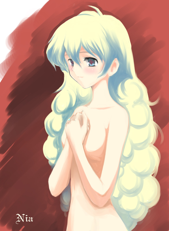 1girl blonde_hair blue_eyes blue_hair blush breasts cloud_hair collarbone curly_hair expressionless long_hair multicolored_hair navel nia_teppelin niwatori_kokezou nude own_hands_together small_breasts solo stomach tengen_toppa_gurren_lagann two-tone_hair upper_body very_long_hair w_arms