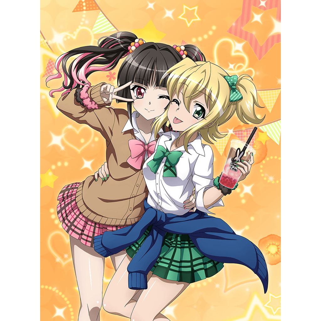 2girls akatsuki_kirika artist_request black_hair blonde_hair blush bow bowtie breasts bubble_tea closed_mouth eyebrows_visible_through_hair green_bow green_bowtie green_eyes hair_bobbles hair_bow hair_ornament hand_on_another's_waist looking_at_viewer miniskirt multiple_girls official_art one_eye_closed pink_bow pink_bowtie red_eyes school_uniform senki_zesshou_symphogear senki_zesshou_symphogear_xd_unlimited shiny shiny_hair short_hair skirt small_breasts smile standing tongue tongue_out tsukuyomi_shirabe twintails v