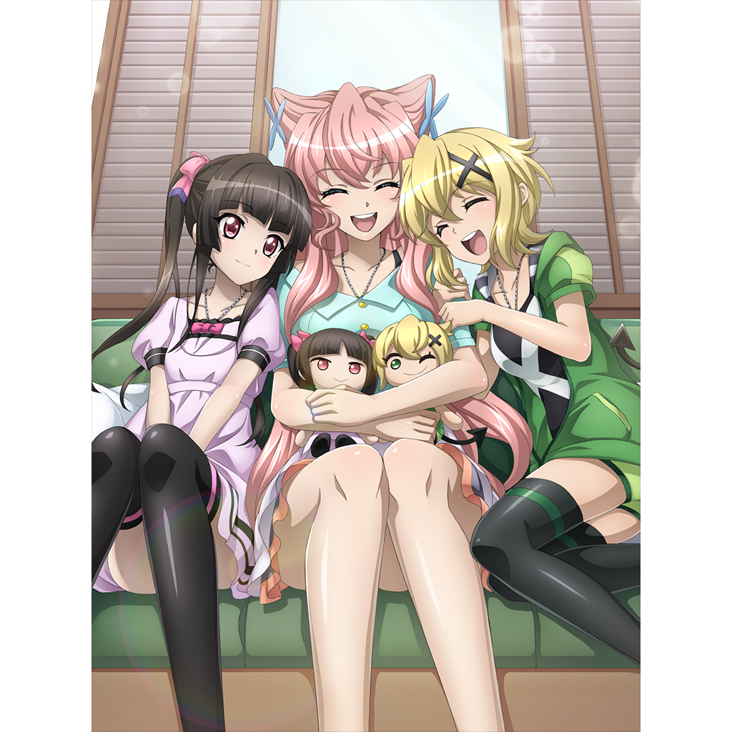 3girls akatsuki_kirika arm_hug artist_request black_hair black_legwear blonde_hair blush breasts closed_eyes closed_mouth collarbone couch eyebrows_visible_through_hair flower green_shorts hair_flower hair_ornament hair_ribbon indoors jewelry long_hair maria_cadenzavna_eve multiple_girls necklace official_art on_couch open_mouth pink_hair red_eyes ribbon senki_zesshou_symphogear senki_zesshou_symphogear_xd_unlimited shiny shiny_hair short_hair shorts sitting small_breasts smile thighhighs tsukuyomi_shirabe twintails x_hair_ornament yuri