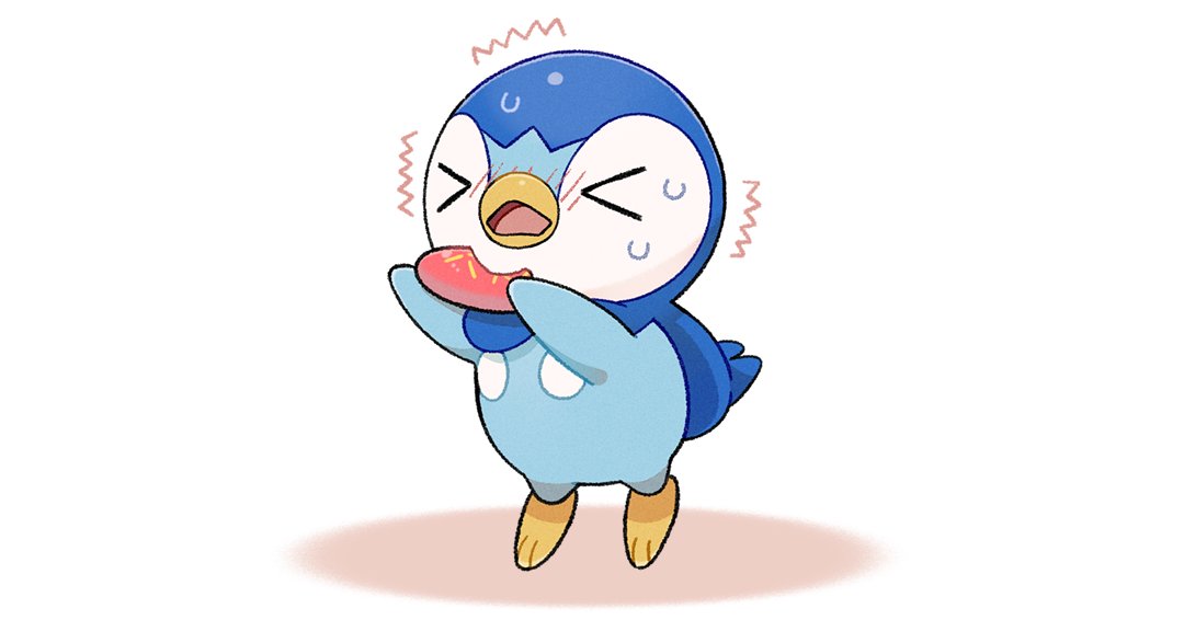 &gt;_&lt; blush closed_eyes commentary_request eating full_body holding no_humans official_art open_mouth piplup poffin pokemon pokemon_(creature) project_pochama solo sweat tiptoes toes tongue trembling white_background