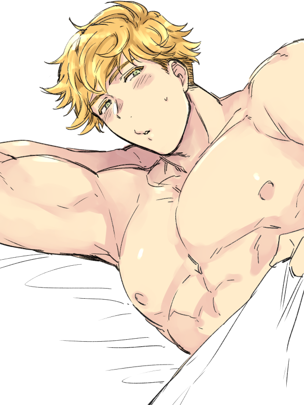 1boy abs bangs bara bed blonde_hair blush granblue_fantasy green_eyes large_pectorals looking_at_viewer lying male_focus muscular muscular_male nipples nude o3o on_bed on_side open_mouth pectorals pouty_lips sat_0804 short_hair solo under_covers upper_body vane_(granblue_fantasy) white_background