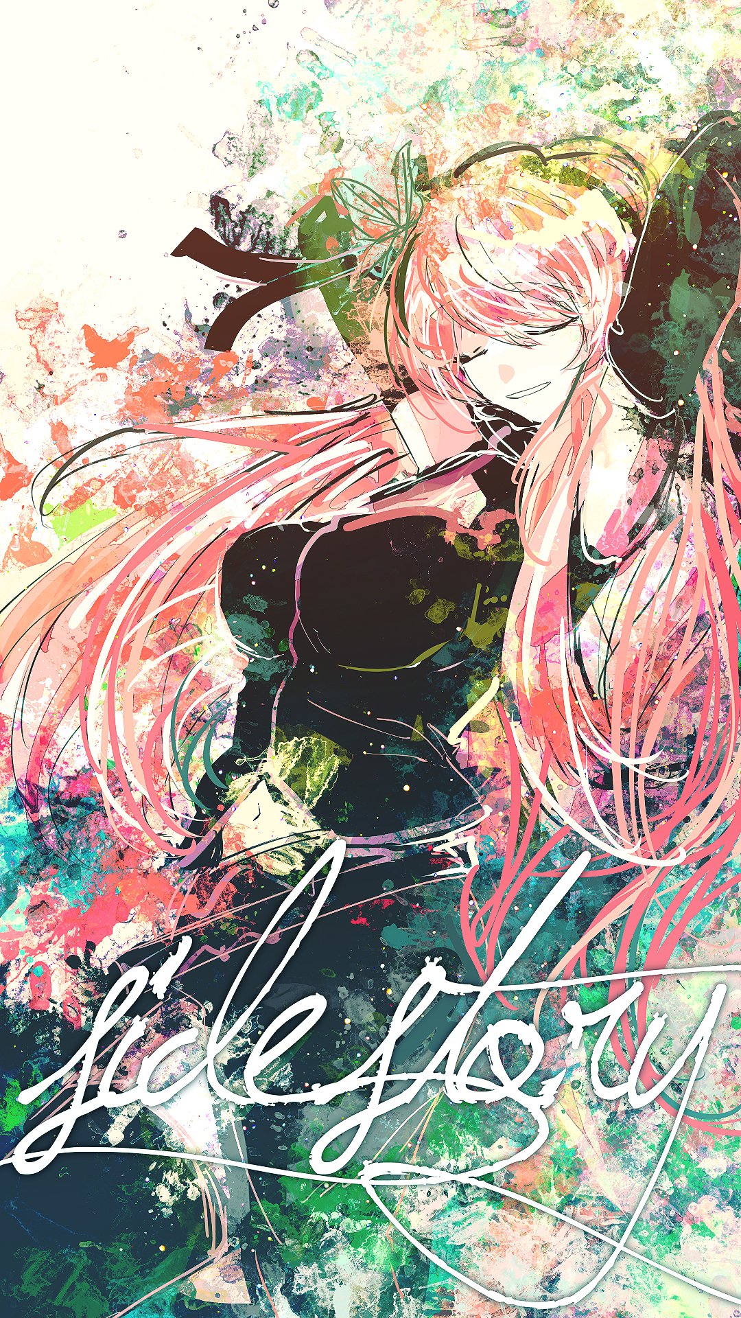 1girl abstract abstract_background armpits arms_behind_head black_legwear black_shirt black_skirt breasts closed_eyes clothing_cutout colorful commentary cowboy_shot detached_sleeves english_text hair_ornament highres long_hair megurine_luka meola navel paint_splatter pink_hair shirt skirt solo stomach_cutout thighhighs vocaloid zettai_ryouiki