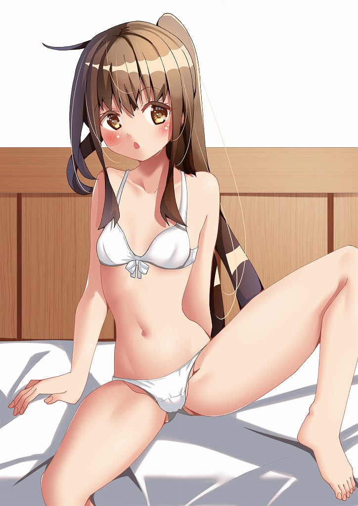 1girl amano_miyako barefoot bed bikini breasts brown_eyes brown_hair commentary_request cowboy_shot fumizuki_(kancolle) kantai_collection long_hair looking_at_viewer open_mouth ponytail sitting small_breasts solo spread_legs swimsuit white_bikini