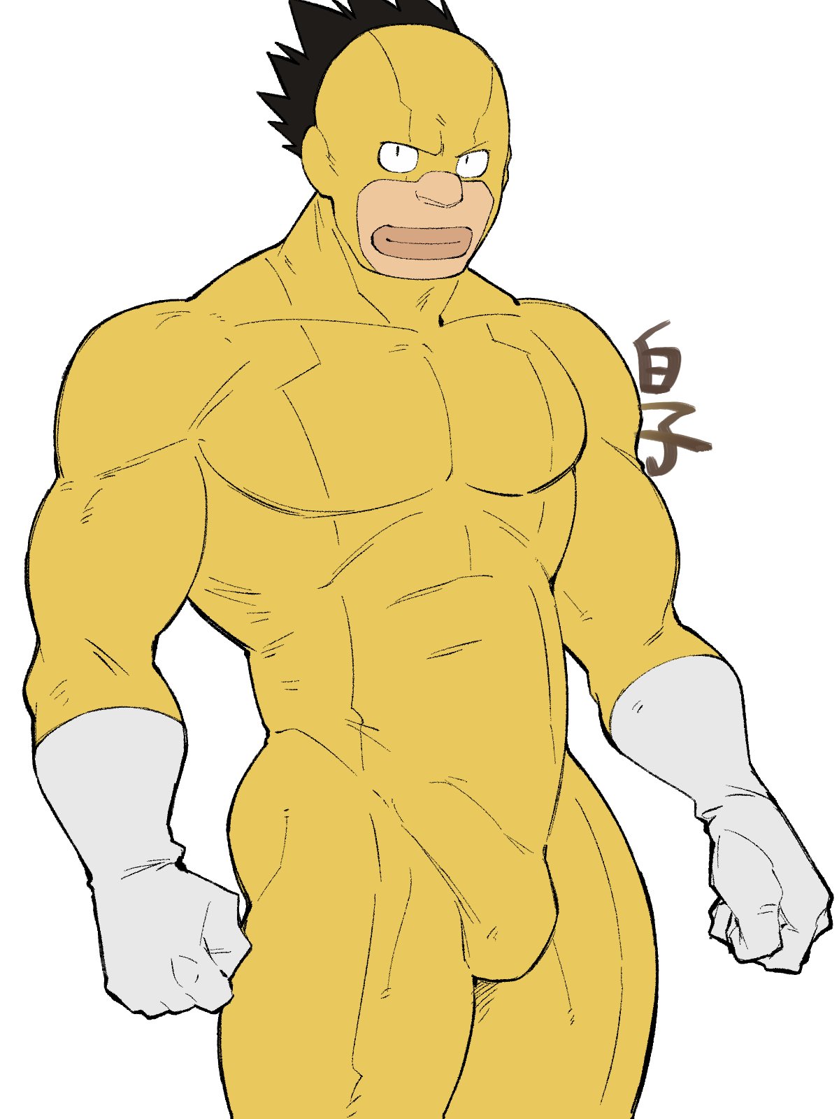 1boy bara bodysuit boku_no_hero_academia bulge erection erection_under_clothes feet_out_of_frame gloves highres kirupi large_pectorals lips looking_at_viewer male_focus mask muscular muscular_male pectorals satou_rikidou short_hair solo spiked_hair thick_thighs thighs white_gloves yellow_bodysuit zentai
