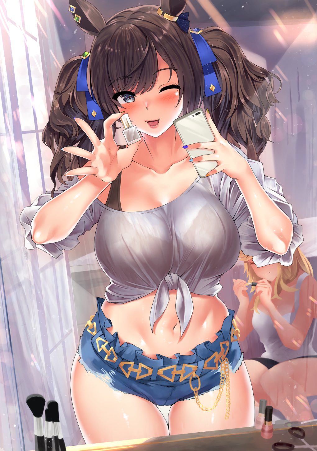 2girls animal_ears bangs blush bra breasts cellphone cleavage commentary crop_top ear_ornament eyebrows_visible_through_hair gold_city_(umamusume) hair_ribbon happy highres holding holding_phone horse_ears horse_girl kawai large_breasts leaning_forward makeup multiple_girls nail_polish navel one_eye_closed open_mouth phone ribbon see-through see-through_shirt selfie shirt short_shorts shorts smile thick_thighs thigh_gap thighs tied_shirt tosen_jordan_(umamusume) twintails umamusume underwear