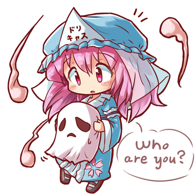 1girl bangs blue_headwear blue_kimono blush_stickers brown_footwear chibi clip_studio_paint_(medium) commentary_request crossover english_text eyebrows_visible_through_hair frilled_kimono frills full_body ghost hat japanese_clothes kimono long_hair lowres mob_cap notice_lines open_mouth pink_eyes pink_hair ragnarok_online ryogo saigyouji_yuyuko simple_background touhou trait_connection triangular_headpiece whisper_(ragnarok_online) white_background wide_sleeves