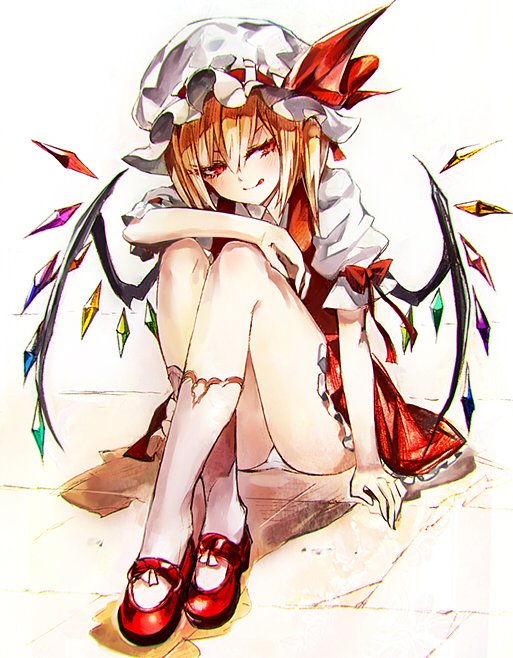 1girl :q ass bangs banned_artist blonde_hair blush bow commentary_request crossed_legs crystal eyelashes flandre_scarlet frilled_skirt frills hair_between_eyes hat hat_ribbon kozou_(soumuden) looking_to_the_side mary_janes mob_cap on_floor one_side_up panties puffy_short_sleeves puffy_sleeves rainbow_order red_bow red_eyes red_footwear red_ribbon red_skirt red_vest ribbon shirt shoes short_hair short_hair_with_long_locks short_sleeves side_ponytail simple_background sitting skirt slit_pupils socks solo thighs tongue tongue_out touhou underwear vest white_background white_headwear white_legwear white_panties white_shirt wings