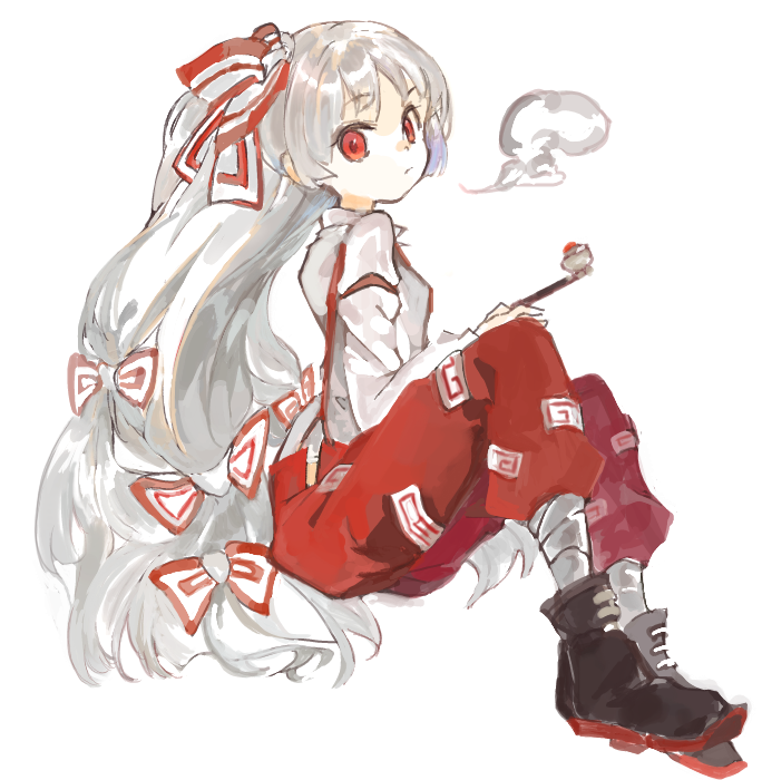 1girl baggy_pants bangs black_footwear boots bow collared_shirt commentary_request fujiwara_no_mokou hair_bow konabetate long_hair long_sleeves looking_at_viewer ofuda ofuda_on_clothes pants pipe red_eyes red_pants shirt simple_background sleeve_garter smoke solo suspenders touhou very_long_hair white_background white_bow white_hair white_shirt