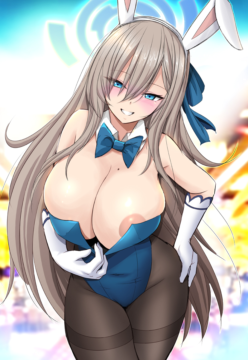 1girl animal_ears areola_slip areolae asuna_(blue_archive) blue_archive blue_eyes blue_leotard blurry blurry_background blush bow bowtie breasts clenched_teeth detached_collar eyebrows_visible_through_hair eyes_visible_through_hair fake_animal_ears gloves hair_between_eyes hair_over_one_eye halo hand_on_hip harukigenia headband highleg highleg_leotard highres huge_breasts leotard leotard_pull light_brown_hair looking_at_viewer mole mole_on_breast official_alternate_costume open_mouth pantyhose playboy_bunny solo teeth thighs white_gloves white_headband