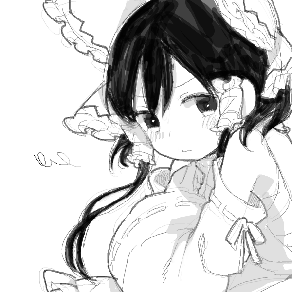 1girl :t annoyed archived_source bangs bare_shoulders blush bow clenched_hand closed_mouth detached_sleeves drawr floating_hair frilled_bow frilled_hair_tubes frills from_side furrowed_brow greyscale hair_bow hair_tubes hakurei_reimu hand_up hatching_(texture) linear_hatching long_sleeves looking_at_viewer looking_to_the_side monochrome oekaki okari ribbon-trimmed_sleeves ribbon_trim sarashi short_hair_with_long_locks sidelocks simple_background sketch solo squiggle swept_bangs touhou upper_body white_background wide_sleeves