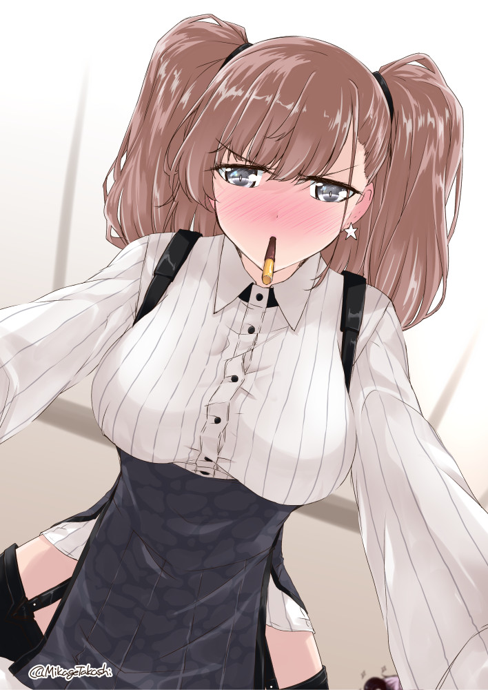 2girls aoba_(kancolle) atlanta_(kancolle) blush breasts brown_hair buttons collared_shirt commentary_request earrings food food_in_mouth garter_straps grey_eyes grey_skirt high-waist_skirt incoming_pocky_kiss jewelry kantai_collection large_breasts long_hair long_sleeves mikage_takashi mouth_hold multiple_girls no_hat no_headwear pleated_skirt pocky pocky_day shirt single_earring skirt solo_focus star_(symbol) star_earrings suspender_skirt suspenders twitter_username two_side_up white_shirt