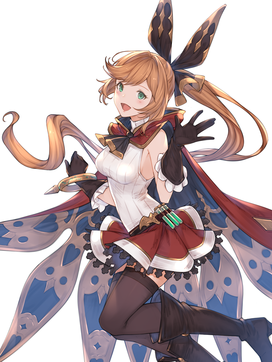 1girl bangle bangs belt black_footwear black_gloves black_legwear blush boots bracelet breasts clarisse_(granblue_fantasy) cloak commentary foot_out_of_frame frilled_gloves frills gloves granblue_fantasy green_eyes hair_intakes high_heel_boots high_heels highres hood hooded_cloak jewelry long_hair looking_at_viewer medium_breasts miniskirt open_mouth orange_hair ponytail red_cloak skirt sleeveless sleeveless_sweater sleeveless_turtleneck solo sweater test_tube thighhighs turtleneck waving wuming