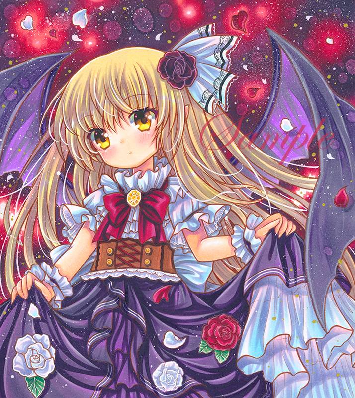 1girl alternate_costume bangs bat_wings blonde_hair blush bow bowtie brooch brown_corset buttons corset cowboy_shot dot_nose dress eyebrows_visible_through_hair fireflies flower frilled_cuffs frilled_dress frilled_shirt_collar frills hair_flower hair_ornament head_tilt jewelry kurumi_(touhou) long_hair looking_at_viewer marker_(medium) petals puffy_short_sleeves puffy_sleeves purple_dress red_bow red_bowtie red_flower red_rose rose rose_petals rui_(sugar3) sample short_sleeves skirt_hold solo standing straight_hair touhou touhou_(pc-98) traditional_media two-tone_dress very_long_hair white_dress white_flower white_rose wings wrist_cuffs yellow_eyes