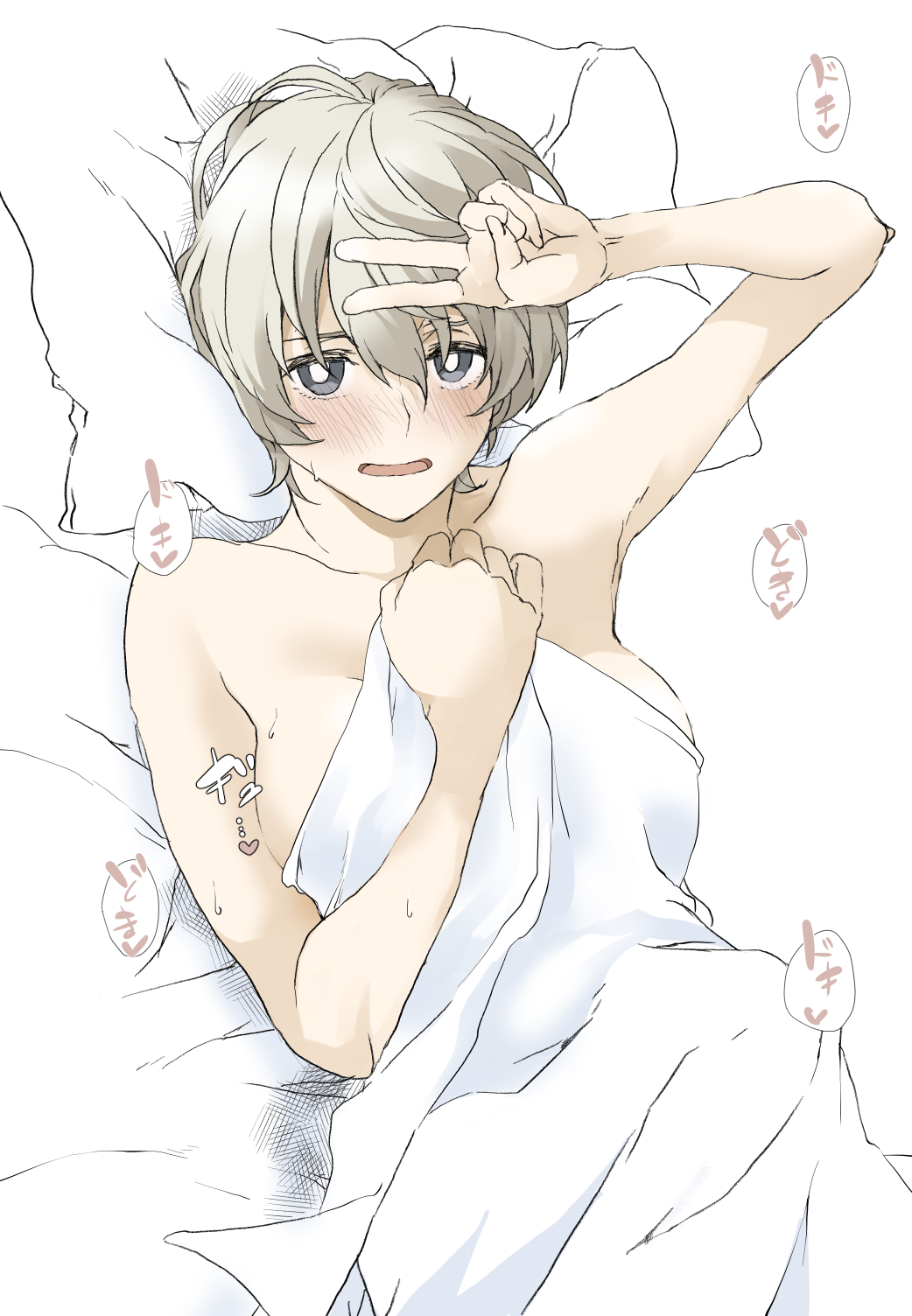 1girl arm_up bangs bed_sheet blue_eyes blush bright_pupils commentary elf_(stroll_in_the_woods) from_above girls_und_panzer heartbeat highres looking_at_viewer lying naked_sheet on_back on_bed open_mouth pillow short_hair silver_hair smile solo sweat translated v white_pupils youko_(girls_und_panzer)