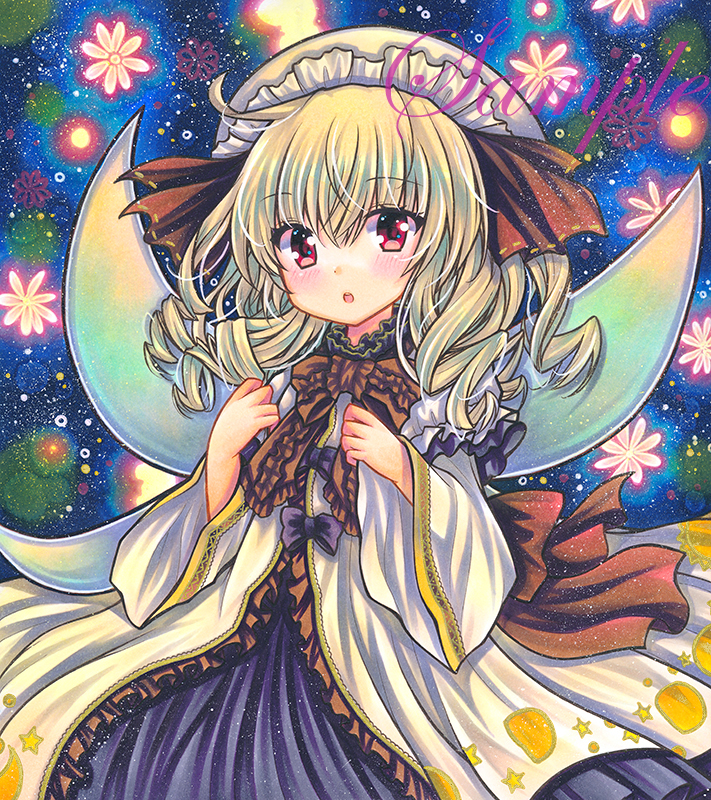 1girl :o alternate_costume bangs blonde_hair blush bow bowtie brown_bow brown_bowtie brown_ribbon dot_nose dress dress_bow drill_hair eyebrows_visible_through_hair fairy fairy_wings fireflies floral_background frilled_bow frilled_bowtie frilled_dress frilled_hat frills gold_trim hair_between_eyes hands_up hat long_sleeves looking_at_viewer luna_child marker_(medium) mob_cap moon_print multicolored_clothes multicolored_dress purple_bow purple_dress red_eyes ribbon rui_(sugar3) sample solo star_(symbol) star_print touhou traditional_media white_dress white_headwear wide_sleeves wings