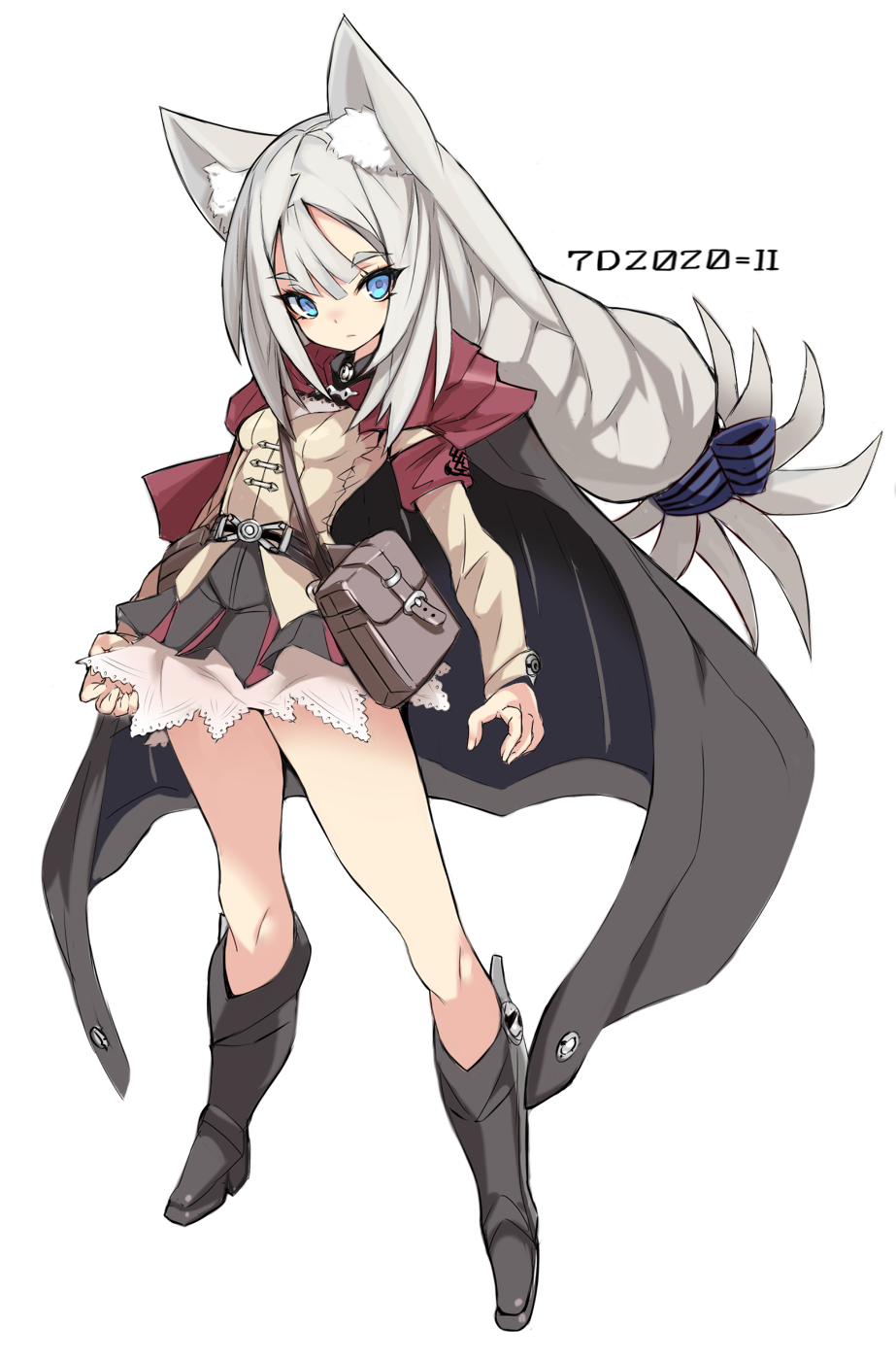 1girl 7th_dragon_(series) 7th_dragon_2020-ii animal_ear_fluff animal_ears armband bangs black_cape black_footwear black_skirt blue_eyes boots braid breasts brown_shirt cape closed_mouth commentary_request eyebrows_visible_through_hair grey_hair highres karukan_(monjya) long_hair long_sleeves looking_at_viewer lucier_(7th_dragon) pleated_skirt shirt short_eyebrows simple_background single_braid skirt small_breasts solo thick_eyebrows very_long_hair white_background